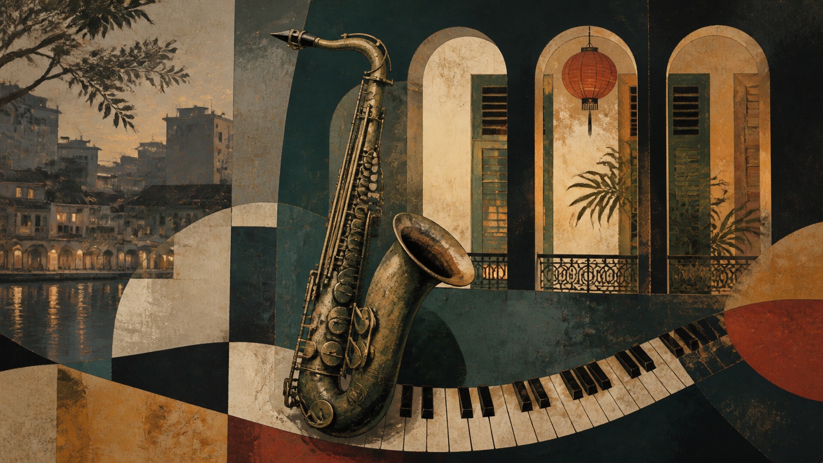 AI-generated editorial illustration of a saxophone, piano keys and old-quarter architecture; not a Hanoi Jazztival photograph.
