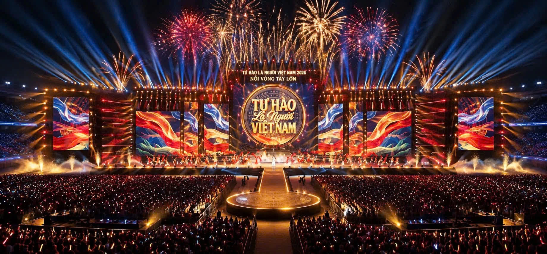 Hình ảnh phối cảnh sân khấu concert "Tự hào là người Việt Nam" diễn ra ngày 1/11/2026 tại Thái Nguyên.