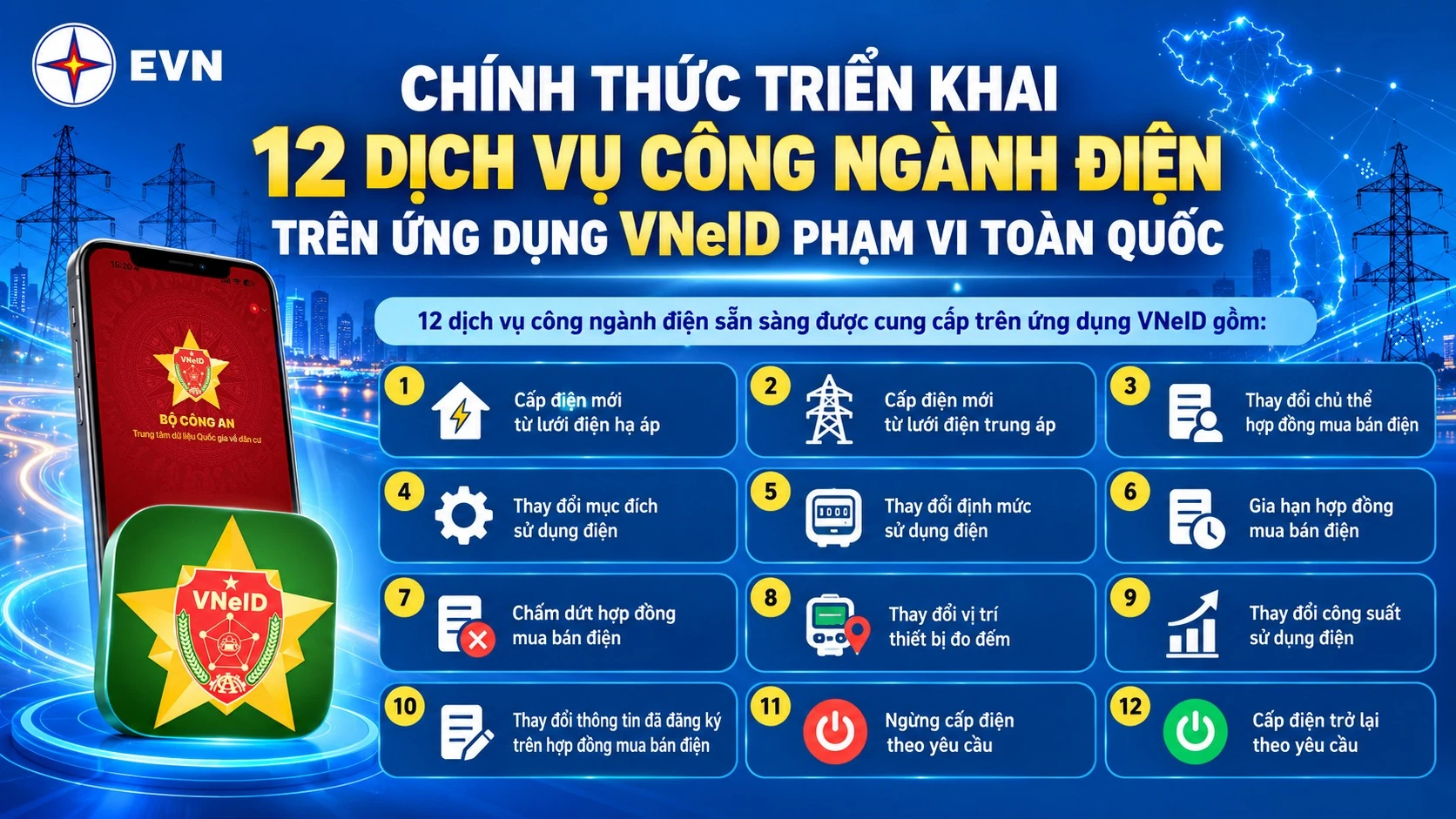 Đồ họa của EVN liệt kê 12 dịch vụ công ngành điện trên ứng dụng VNeID, kèm hình điện thoại và biểu tượng VNeID