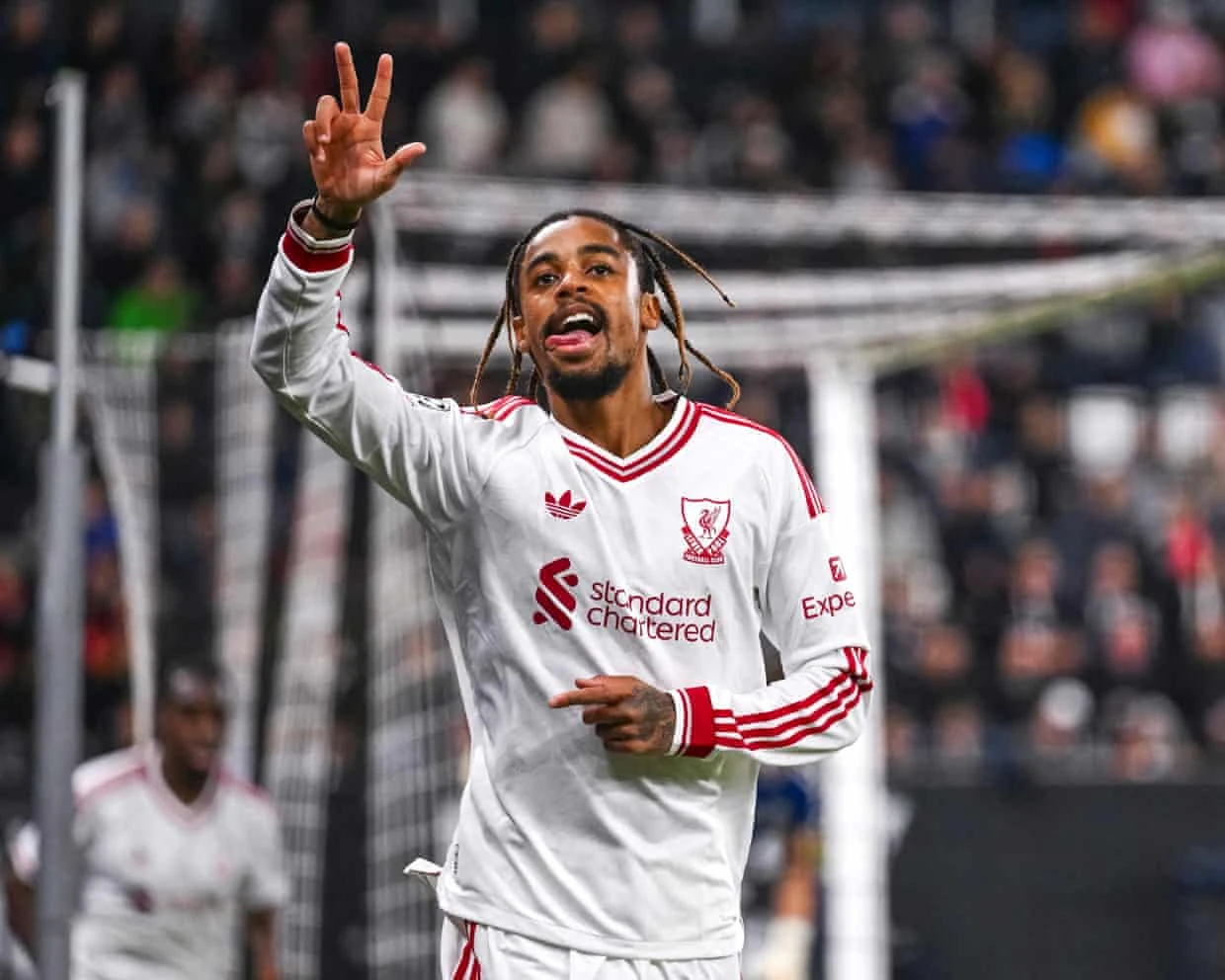 Bradley Barcola celebrates his hat-trick for Liverpool against LASK.