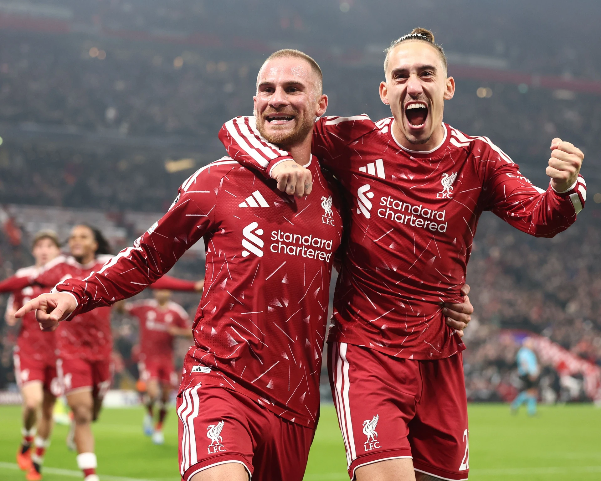 Alexis Mac Allister, left, embraces Kostas Tsimikas after scoring the goal that put Liverpool ahead against Villarreal.
