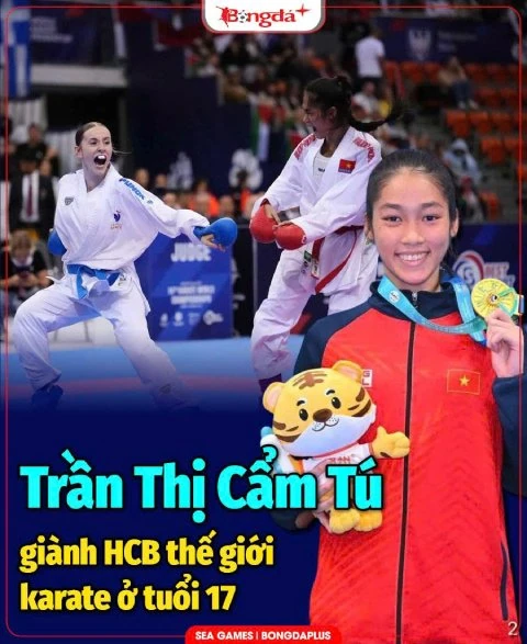 Trần Thị Cẩm Tú trong đồ họa về HCB karate thế giới ở tuổi 17.