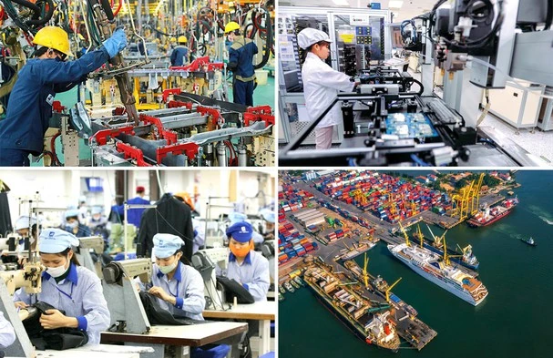 Ảnh ghép minh họa hoạt động sản xuất và logistics trong thông tin về quản lý nguồn lực kinh tế.