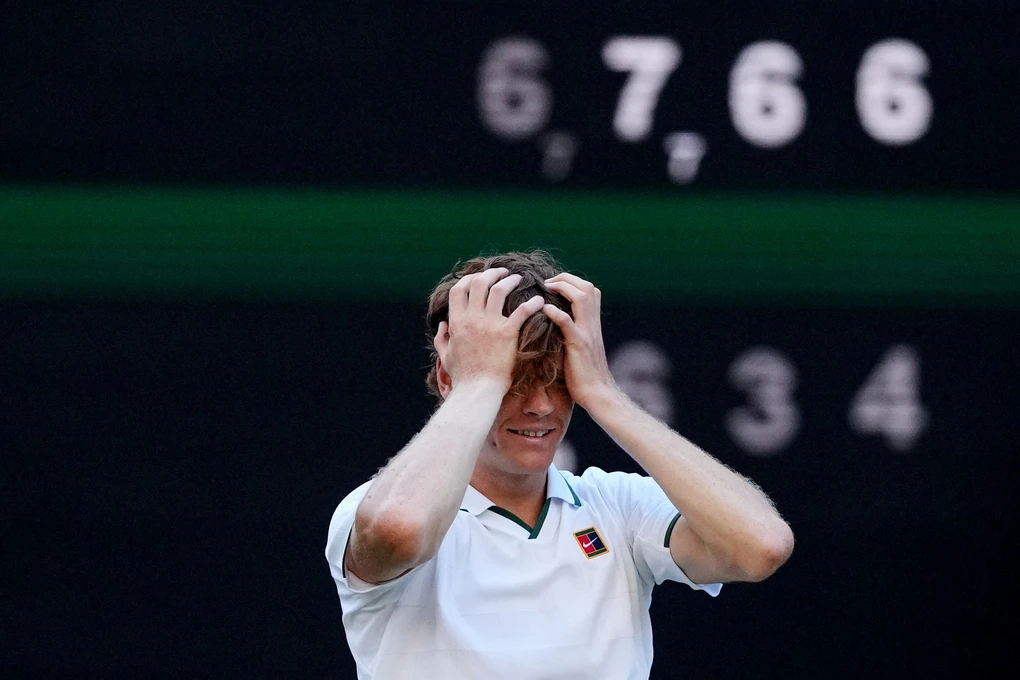 Jannik Sinner celebrates winning the Wimbledon final in London on July 12, 2026; archive photograph.