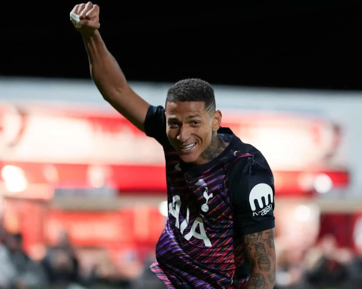 Richarlison celebrates scoring for Tottenham U21 against Cheltenham.