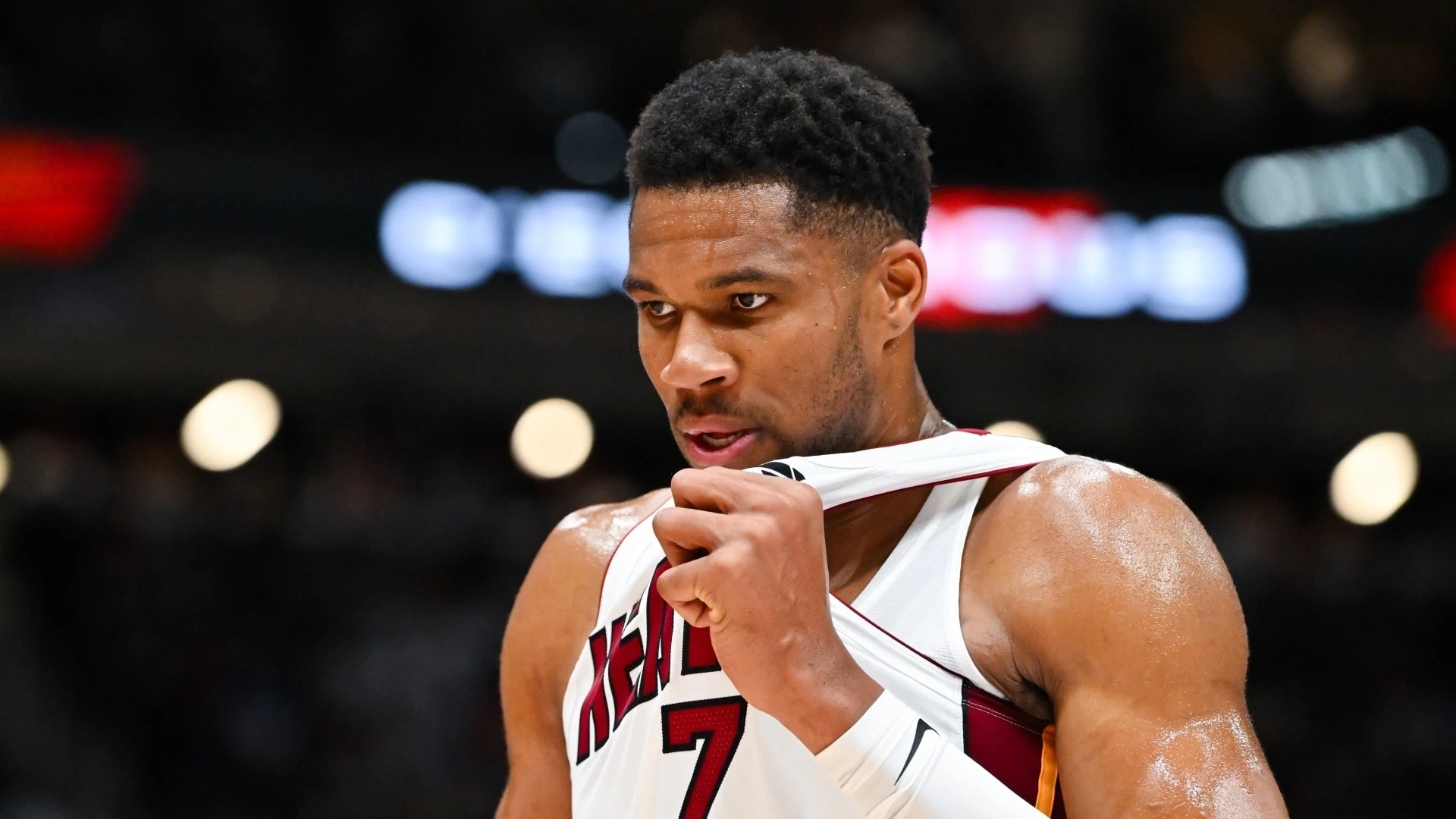 Giannis Antetokounmpo in Miami Heat colours.