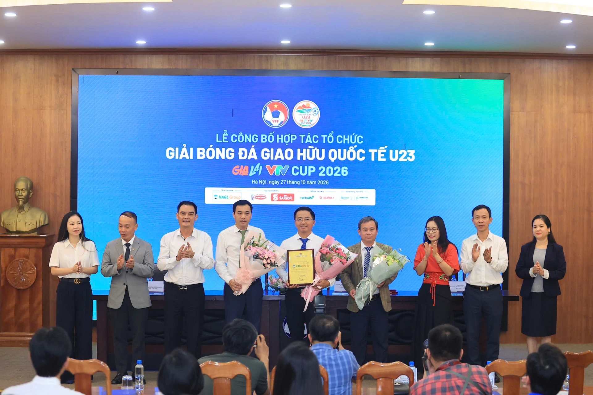 Organisers and sponsors on stage at the launch ceremony of the U23 Gia Lai VTV Cup 2026 international friendly tournament in Hanoi on 27 October 2026.