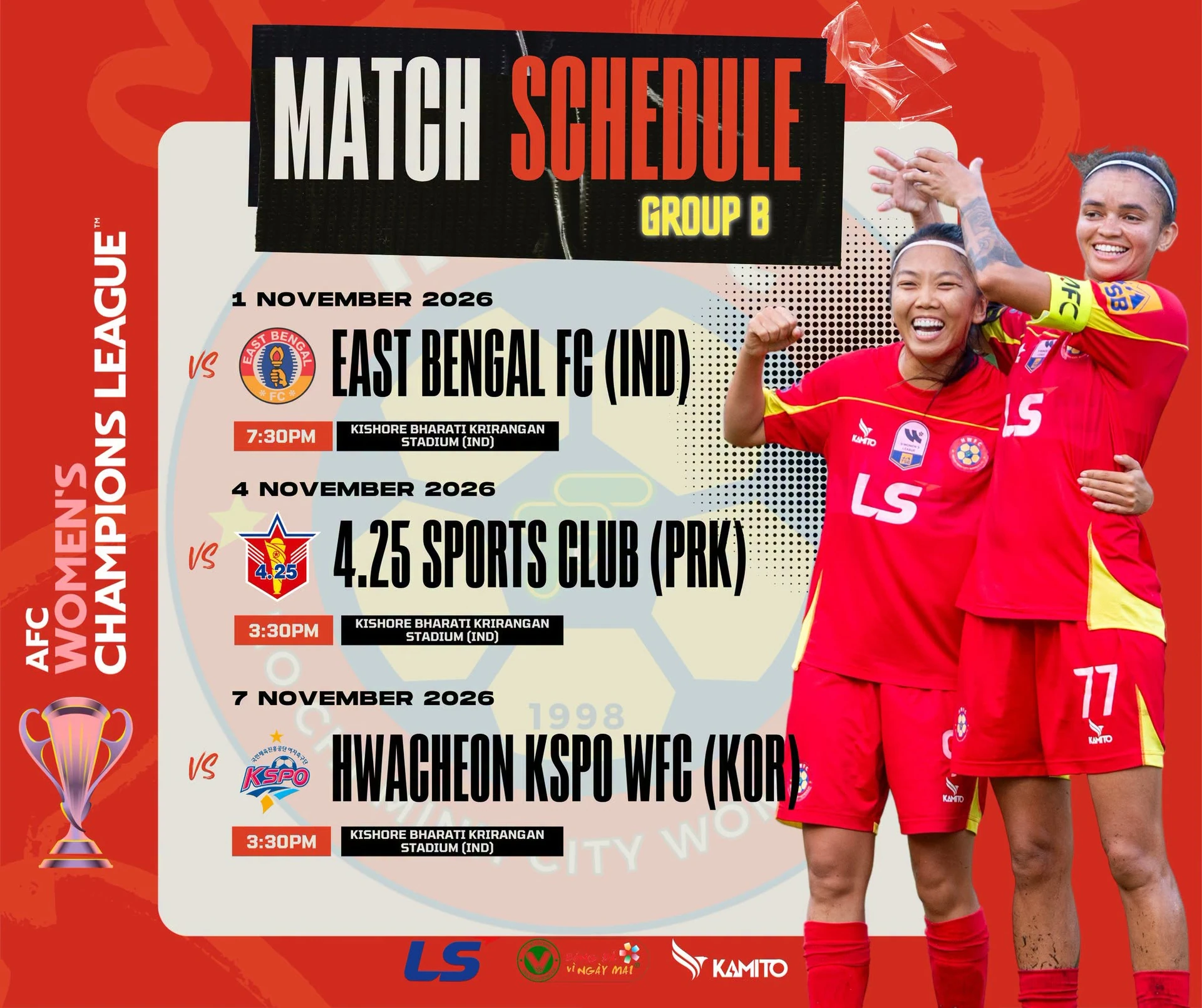 Đồ họa lịch thi đấu bảng B AFC Women's Champions League 2026-2027 của CLB nữ TP.HCM: gặp East Bengal FC ngày 1/11, 4.25 Sports Club ngày 4/11 và Hwacheon KSPO WFC ngày 7/11/2026