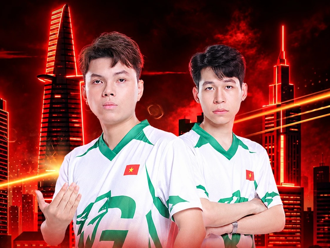 Hai tuyển thủ của đội esports Việt Nam GOW mặc áo thi đấu trong ảnh quảng bá của đội.