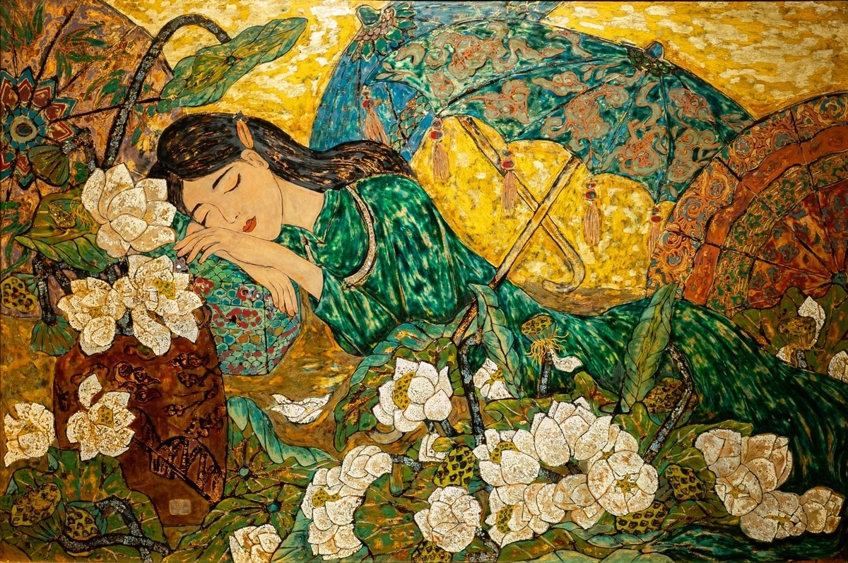 Mộng liên hoa, a lacquer painting by artist Đinh Thu Hà.