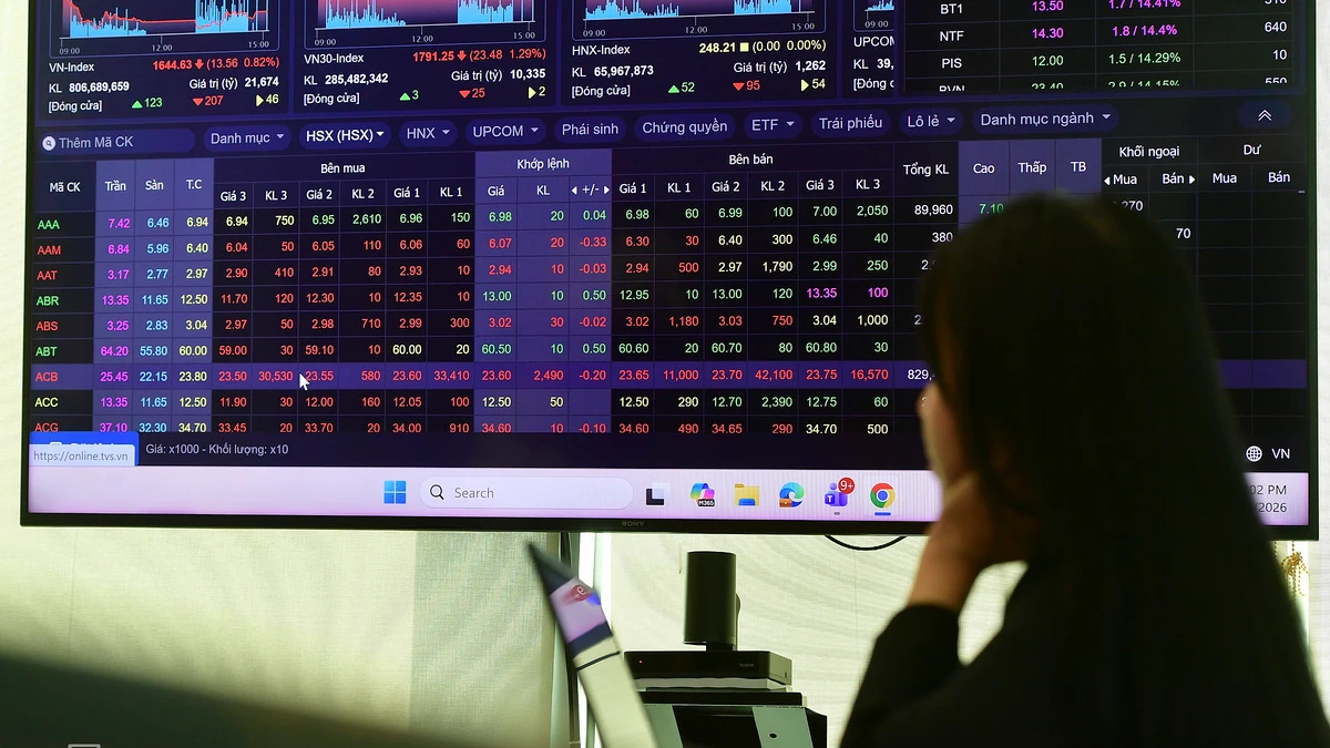 File photo: A person watches an electronic stock board showing the VN-Index and a list of stock tickers.