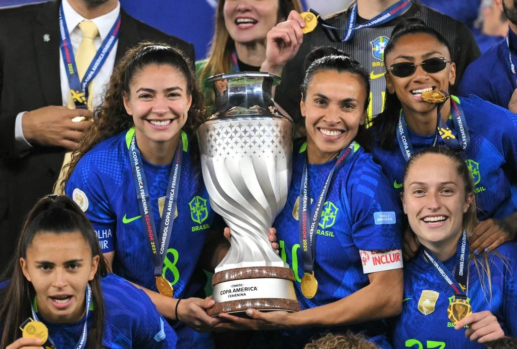 Marta and Angelina celebrate Brazil's Women's Copa America title on August 2, 2025.