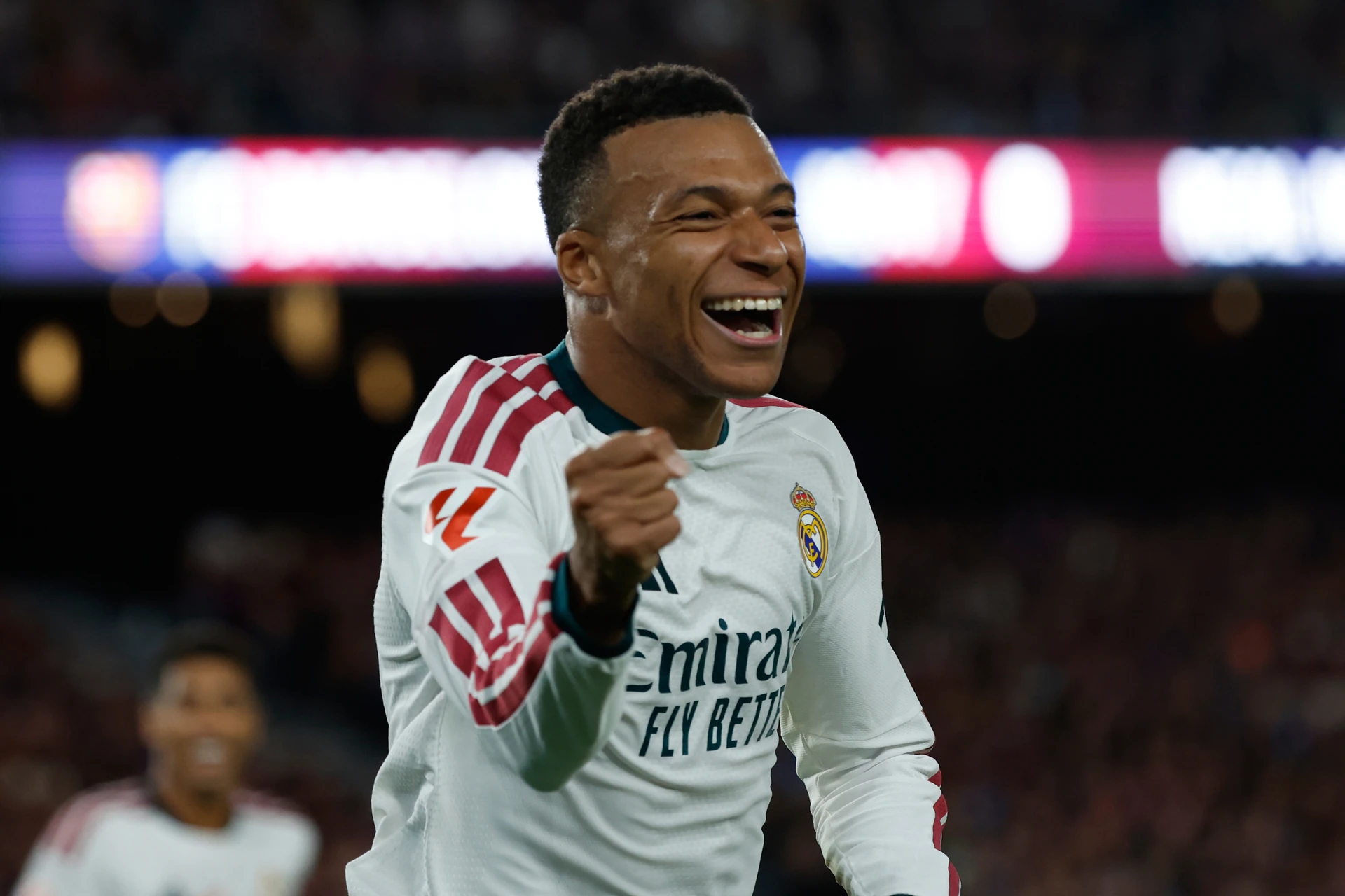 Kylian Mbappé celebrates scoring for Real Madrid against Barcelona at Camp Nou