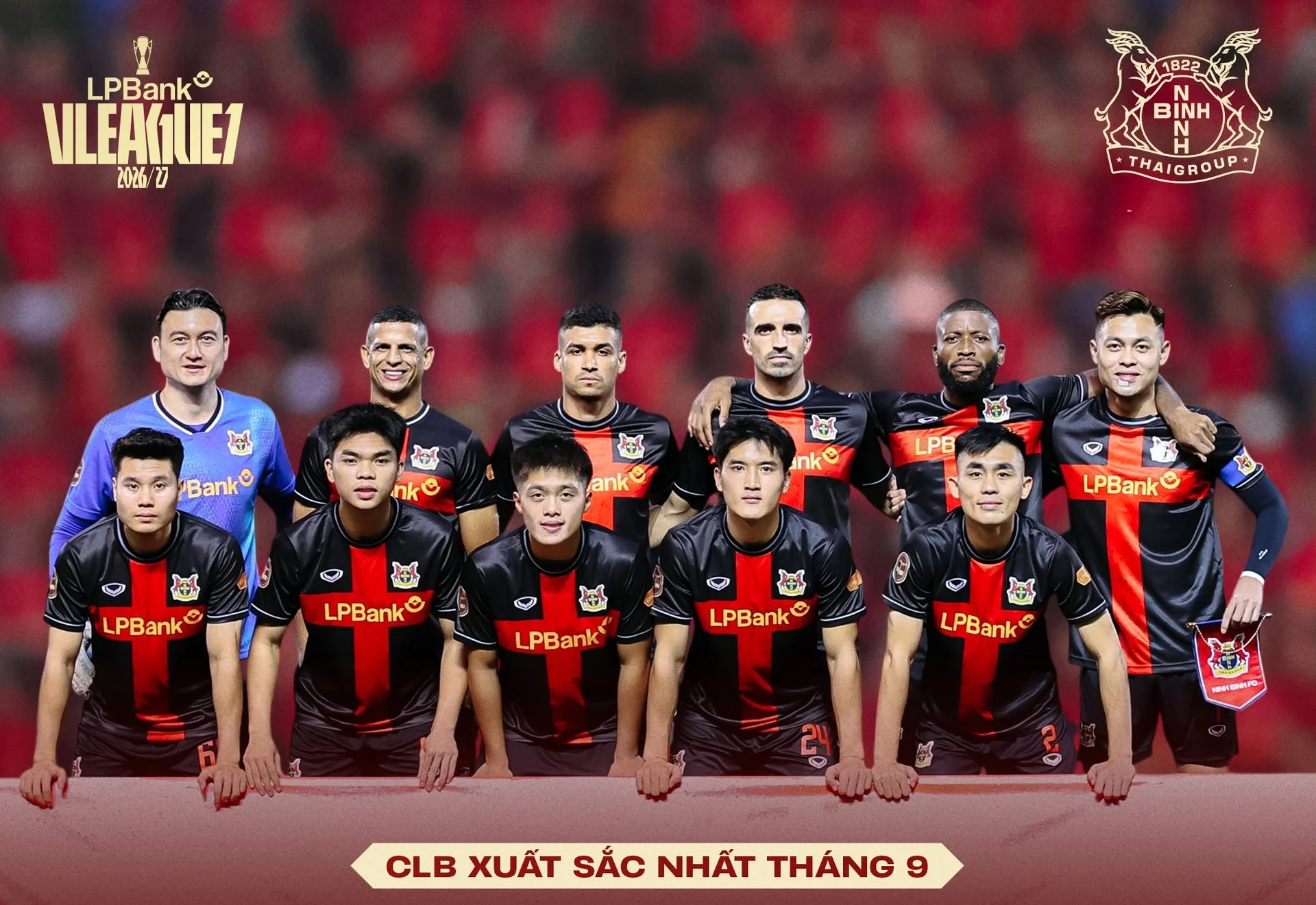 Ninh Bình FC graphic reading Club of the Month for September, showing eleven Ninh Bình players in black and red kits posing before a match.
