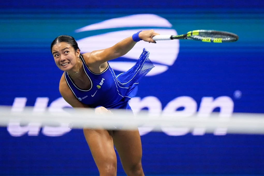 Eala serves against Iva Jovic in the third round of the 2026 US Open women's singles.